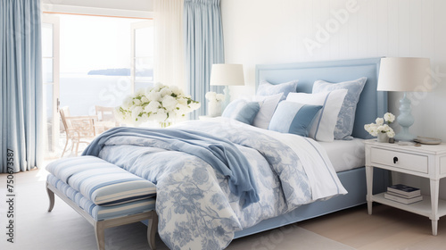 Jasna przytulna błękitna sypialnia w stylu hampton - mockup obrazu na ścianie. Niebieskie, błękitne i białe kolory wnętrza. Render 3d. Wizualizacja