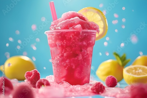 Frozen raspberry lemon slush in plastic cup - Vibrant pink raspberry lemon slush in a clear cup, adorned with lemon slices & a splash of vitality