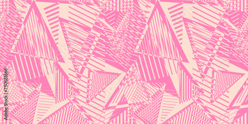 Vector abstract seamless pattern. Urban art texture with chaotic shapes, triangles, lines, stripes. Trendy sport style background. Simple hot pink repeated design. Grungy sporty girlish pattern