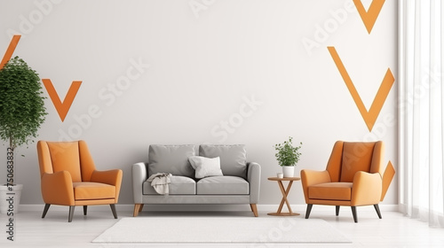 Jasny salon z dużym oknem i wpadającym światłem w kolorze szarości i pomarańczu. Sofa i ściana. Miejsce na prezentację produktu - obraz, mockup.
