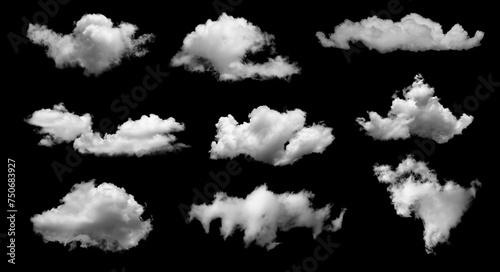 White clouds collection isolated on black background, cloud set on black. fluffy white cloudscape texture. Black sky nature background, cloudy, black and white, horizontal
