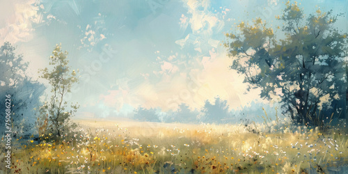 Beautiful landscape painting of field with trees, wildflowers, and blue sky in background