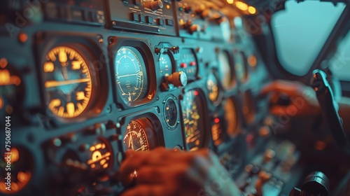 Detailed view of an airplane cockpit showing various controls