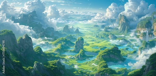 Une illustration d'une vallée dans un paysage montagneux, entouré de nuages.