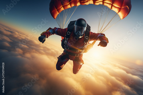 Excited positive happy parachutist in free fall over blue sky. ai generative picture collage