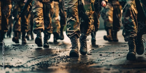 Modern war soldiers march forward