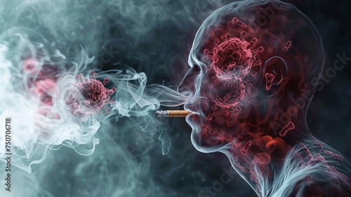 Digital illustration of a human silhouette with a cigarette, showing smoke and virus-like particles.
