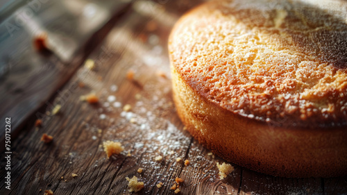 Homemade delicious sponge cake on wooden table.