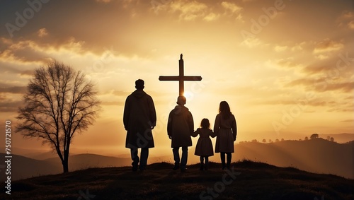 Silhouette of a family looking for the cross of Jesus Christ against the background of an autumn sunrise. Easter Sunday concept. AI generated