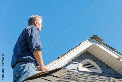 A home inspector examining the roof of a property