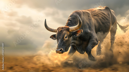 A buffalo or bull running fast in the field with dusk effect