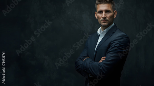 A serious businessman in a black suit on a portrait studio background.