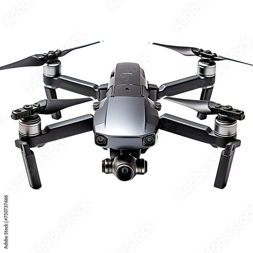 A drone with video camera, isolated on white background cutout.