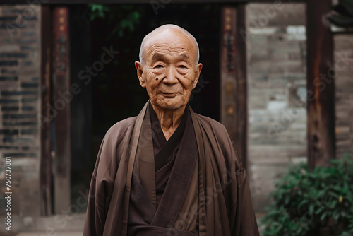 a Chinese old man wearing a monks robe