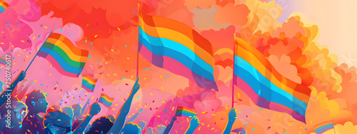 Abstract rainbow people raise a flag in a vibrant color palette create a playful and energetic background. Sign for LGBTQ or pride month banner illustration design.