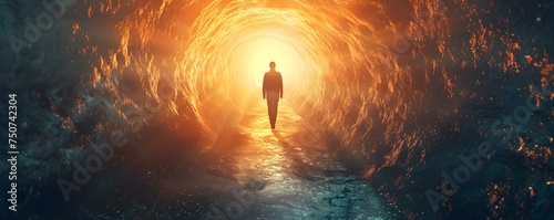 Human figure floating towards a bright light tunnel A diverse human figure floating towards a bright light tunnel symbolizing various spiritual journeys. Concept Spiritual enlightenment