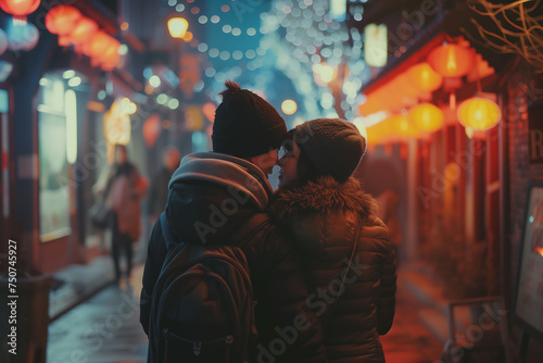 couple in love and showing complicity while walking through a Christmas market at dusk.