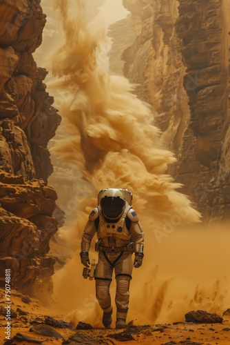 Astronaut Testing Exosuit in Extreme Alien Terrain: Enhanced Mobility among Towering Cliffs and Dust Storms