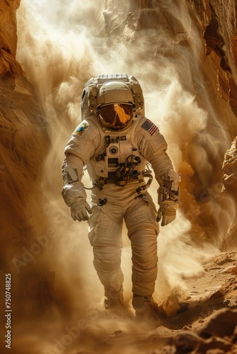 Exploring Alien Terrain with Advanced Exosuit: Astronaut Navigates Rocky Cliffs and Dust Storms in Field Test