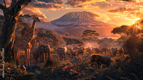 Group of many African animals giraffe, lion, elephant, monkey and others stand together in with Kilimanjaro mountain on background. AI Generated.