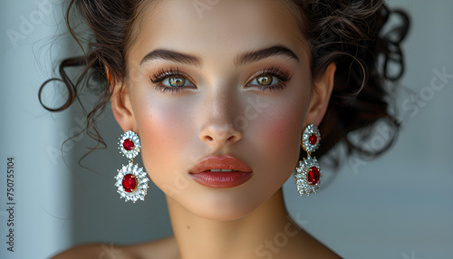 Beautiful women wearing ruby and diamond earrings 