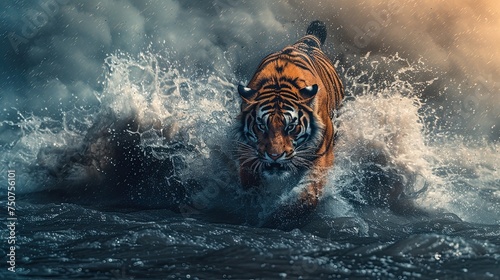 Siberian tiger, Panthera tigris altaica, low angle photo direct face view, running in the water directly at camera with water splashing around. Attacking predator in action. AI Generated.