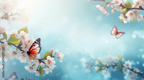 Two Butterflies Flying Over Blossoming Tree Branch