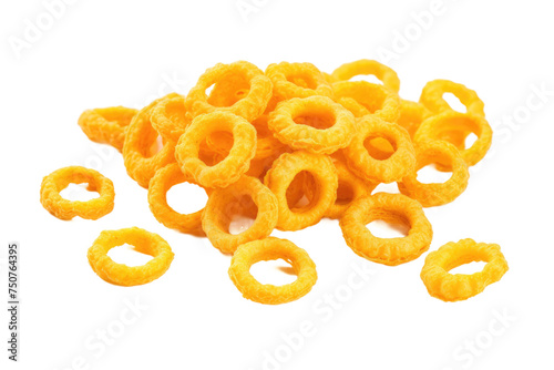 Pile of Cheetos on White Table. A collection of Cheetos snack food piled on top of a clean, white table surface. The bright orange snacks contrast against the table creating a visually striking scene.