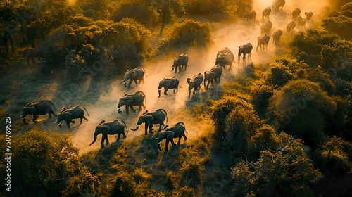 Elephant Herd in Dusty Sunset Light