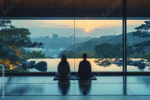 two woman and man meditate at swimming pool side with cityscape view, wellness living leisure theme, Generative Ai