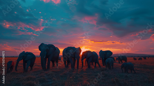 Elephant Herd at Sunset on African Plains