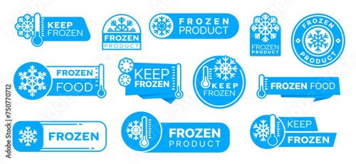 Blue frozen cold product icons, labels and badges. Isolated vector set of stickers Feature snowflakes or frost and thermometer symbols. Elements for for packages or frosty food preservation items
