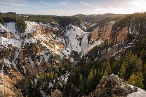 lower falls of the yellowstone national park at sunset