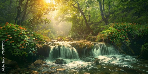 A stream cuts through a dense, vibrant green forest, surrounded by towering trees and lush vegetation, creating a serene and harmonious natural scene.