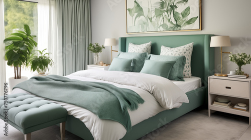 Jasna przytulna sypialnia w stylu glamour - mockup obrazu na ścianie. Zielone, szmaragdowe i białe kolory wnętrza. Render 3d. Wizualizacja 