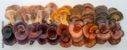 Exhibition of Reishi Mushrooms on a White Background. Concept Fungi Showcase, Medicinal Mushrooms, Nature's Beauty, Health and Wellness, White Background Display