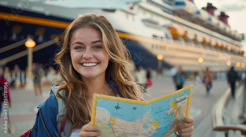 A smiling young woman with a map in front of a large cruise ship.