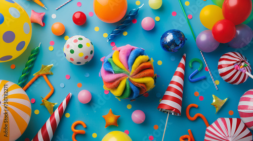 Colorful candies and lollipops. Isolated on white background,Bright colorful carnival or party pattern of balloons, streamers and confetti on blue table. Flat lay style, birthday or party greeting car