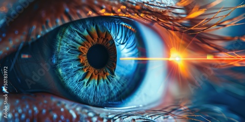Laser or lasik eye surgery concept, laser beam shining into eyes.