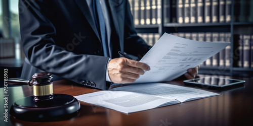 Legal Judgment: A Serious Courtroom Meeting with Man Holding Gavel, Paperwork, and Contract