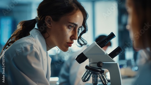 Dedicated female scientist meticulously examining samples under microscope in a busy laboratory setting, reflecting the rigor of scientific research and discovery - AI generated