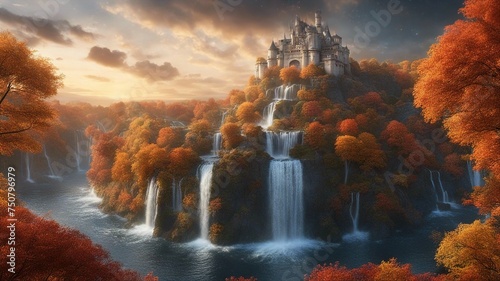 autumn in the forest Fantasy waterfall of stars, with a landscape of floating islands and clouds, with a Beautiful castle 