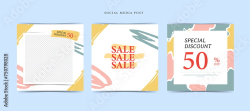 Social Media Post Template Collection for Fashion, Cosmetic Skincare Sale Promotion Banner. Square Post Frame for Instagram, Facebook, Web Banner, Flyer, Organic, Vintage Boho Colorful Background