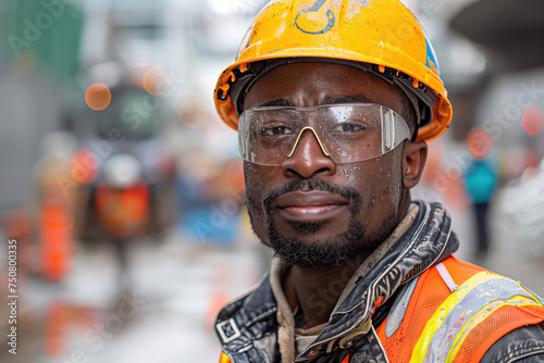 Close up portrait of a black construction worker in his 30s wearing a hard hat, safety vest and goggles, with a face full of concrete splashes, looking at the camera