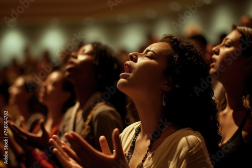 Capturing divine moments: church worship concept Christians, raised hands, earnestly pray and worship to cross in the sacred ambiance of a church building, expressing faith and spiritual connection.