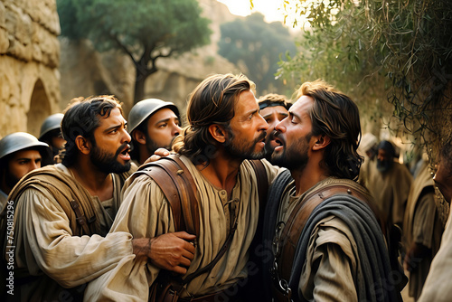 Jesus Betrayed by the Kiss of Judas, created with Generative AI technology