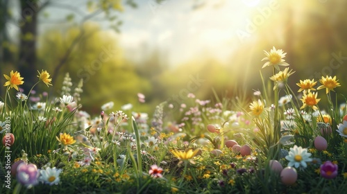 The Easter Monday scene showcases a vibrant meadow with scattered wildflowers and concealed eggs.