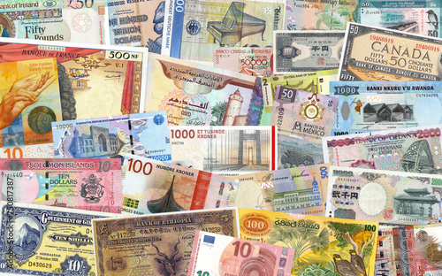 Colorful world paper banknote collage, money background