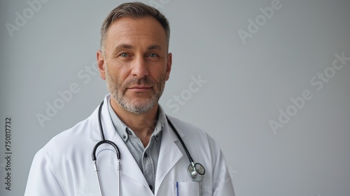 Confident mature male doctor with stethoscope posing in a medical office.