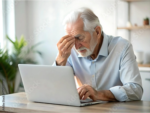 Tired mature man. A pensioner suffers from a headache and dizziness after working at the computer. Problems with vision.